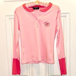 Authentic Chanel Pink CC Henley contrasting Light and Dark Pink 100% Cotton Sz S